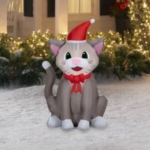 Holiday Time Tabby Cat In Santa Hat Inflatable Light Up 3.5 Ft Christmas New